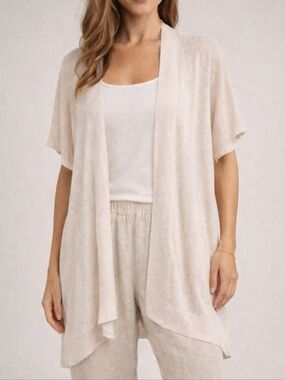 Eileen Fisher Organic Linen Cardigan Small Open Front Lightweight Peach Cream